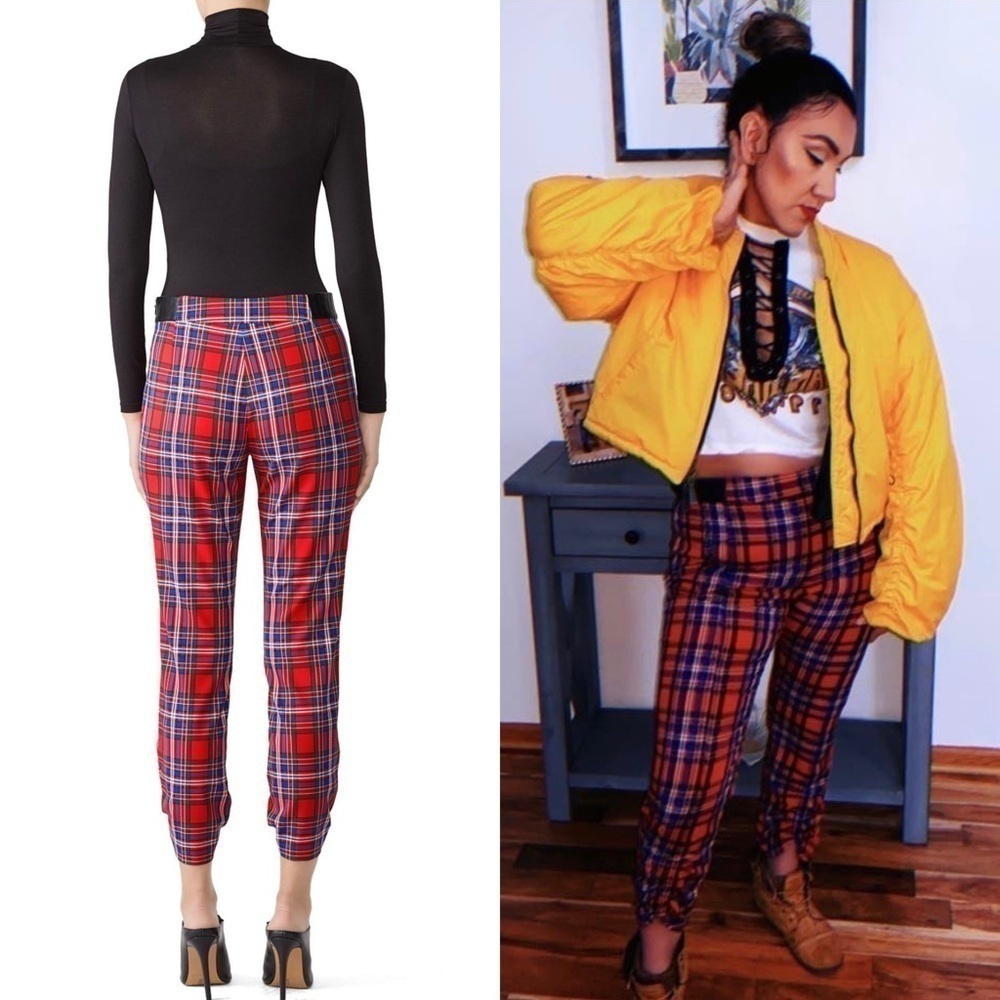 TANYA TAYLOR Tartan Plaid Check Lamb Leather Trim Ruched Ankle Crop Trousers 14 - Picture 2 of 10